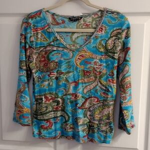 EUC CHAUDRY KC SPORTS Boho Beaded Paisley Cotton Knit Top, S